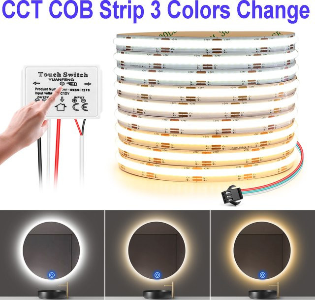 Lcamaw COB LED Streifen mit 608 LEDs/m, 24 V, CCT dimmbar, Weiß, ideal für Spiegel und TV-Hintergrundbeleuchtung - Bild 1
