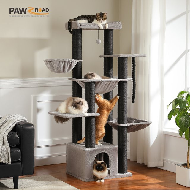 Robuste PAWZ Road Kattentoren in Grau mit Hangmat und 11 Sisalpalen für große Katzen - Bild 1