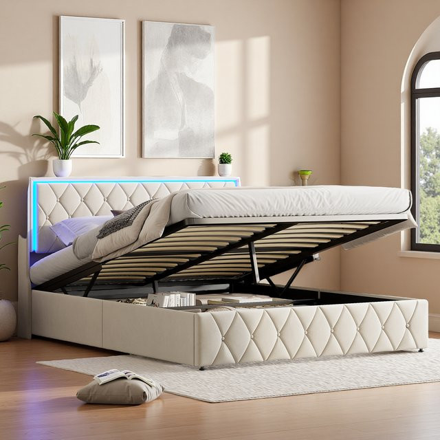 Superaly Gepolstertes Doppelbett aus Samt mit Stauraum, LED-Beleuchtung und USB-Ladefunktion, Beige, B/T: 140 x 200 cm - Bild 1