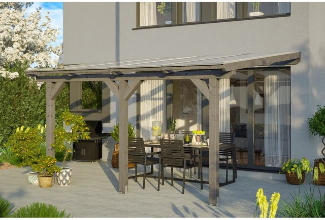 Skan Holz Terrassenüberdachung Bormio aus Leimholz in Schiefergrau, Breite: 434 cm, Tiefe: 350 cm - Bild 1
