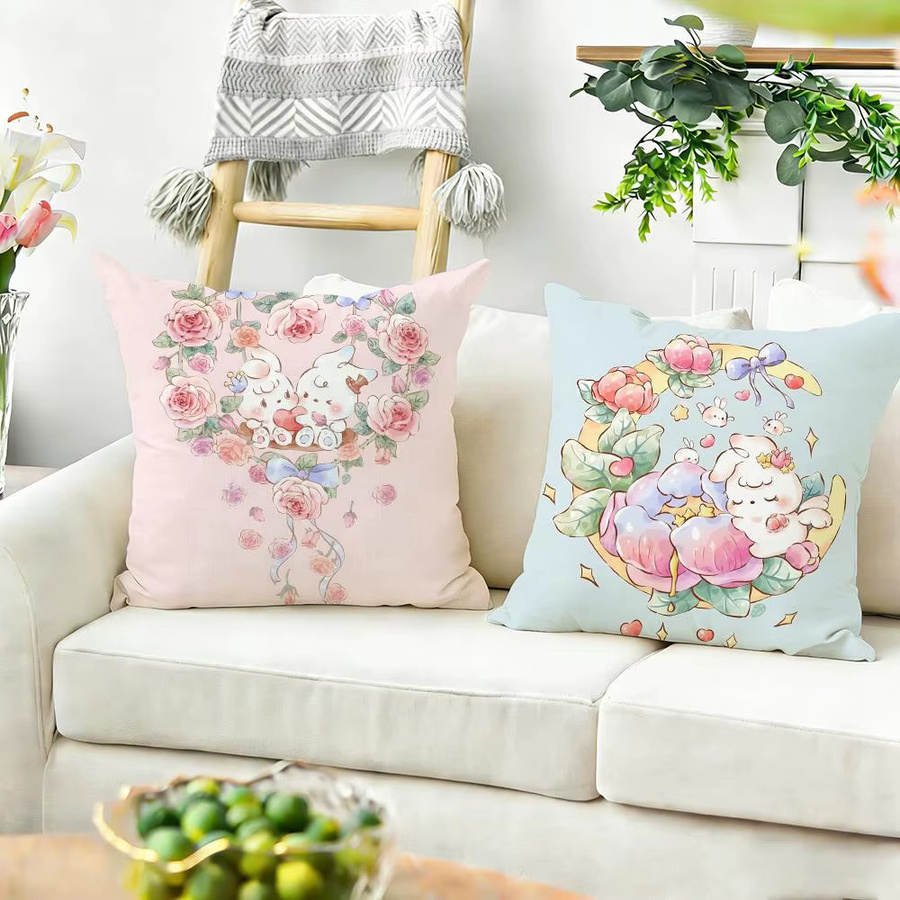 4er-Set R-Rose AngeBunnyS Kissenbezüge aus Leinen in Weiß mit floralem Tier-Design für dein Sofa und deine Heimdekoration - Bild 3