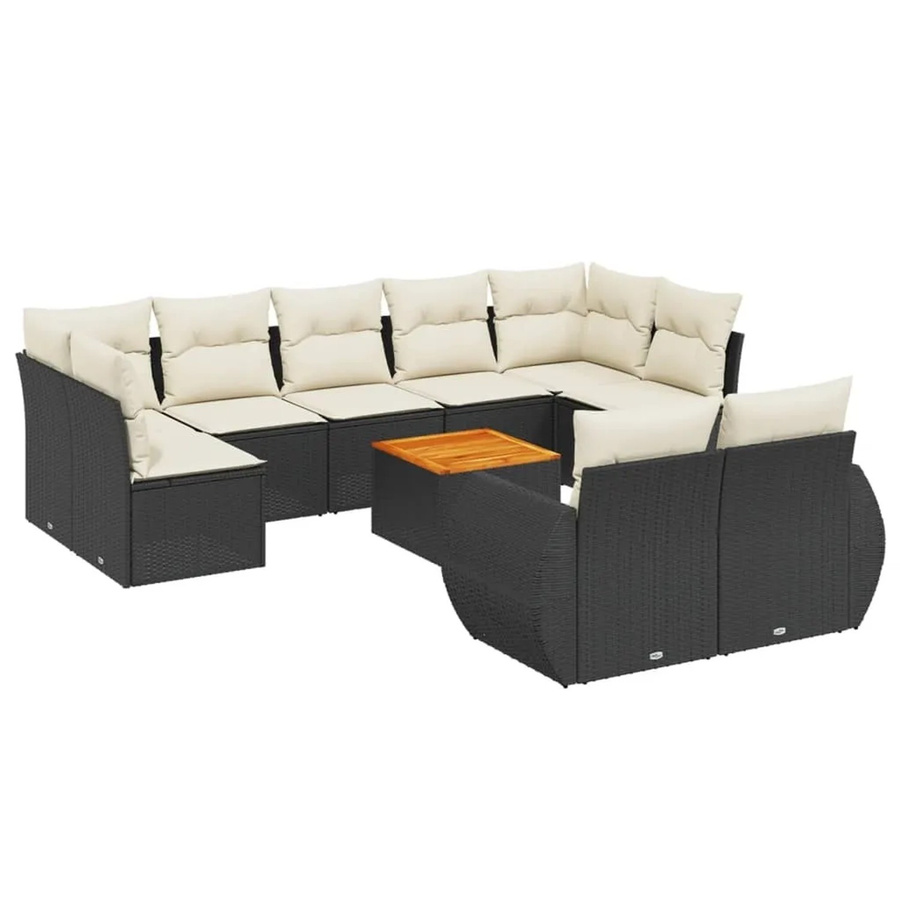 vidaXL 10-tlg. Garten-Sofagarnitur in L-Form aus Polyrattan und Akazienholz mit Kissen in Schwarz-Creme - Bild 2