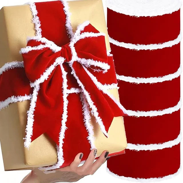 Rotes Samtband mit Schneeflocken-Plüsch für Weihnachtsdekoration und Geschenkverpackungen - Bild 1
