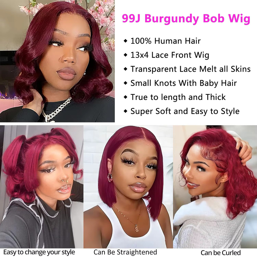 xbeauty Bob-Perücke, lockere Wellen, 250 % Dichte, Burgundy, Damen - Bild 4