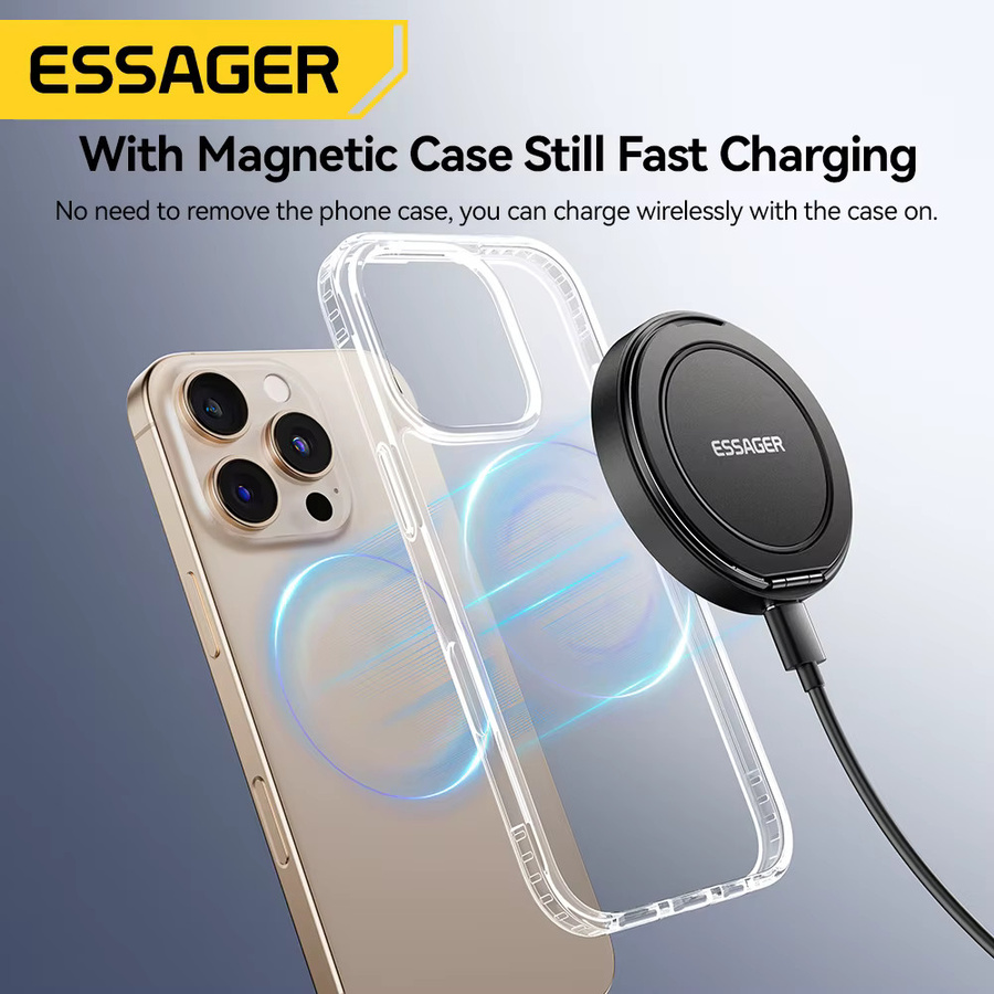 Essager Magnetisches kabelloses Ladegerät 15 W mit Kabel für iPhone 14 13 12 Pro Max und Samsung Xiaomi Kopfhörer, Schwarz - Bild 5