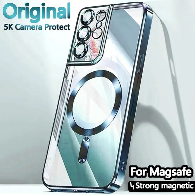 Original Luxury Magnetische durchsichtige Schutzhülle für Samsung Galaxy S21 S22 Plus S23 FE S24 Ultra mit MagSafe Kompatibilität und 10H Kamera-Schutz in Transparent und Schwarz - Bild 1