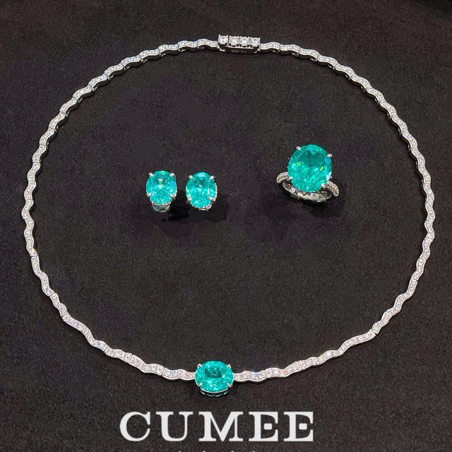 Cumee Schmuck-Set, Halskette, Ohrringe, 925 Silber vergoldet, Paraiba-Edelstein, Damen - Bild 1