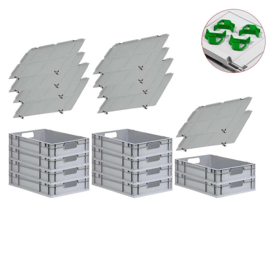 PROREGAL Spar Set mit 10x Eurobox Nextgen Economy inklusive Auflagedeckeln und 4x Schiebeschnappverschlüssen in Grün, H x B x T: 12 x 40 x 60 cm, 23 Liter - Bild 2