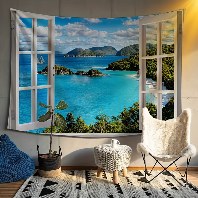 VIKAMA Wandteppich mit tropischer Insel-Landschaft und Meeresblick in Blau, moderner Wandbehang für Wohnzimmer und Schlafzimmer, B/H: 60 x 40 cm - Bild 3