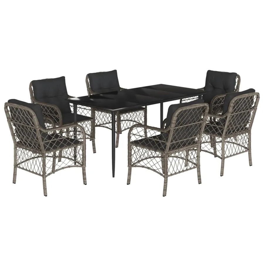 vidaXL 7-teilige Garten-Essgruppe aus Poly Rattan mit Kissen und Glastisch in Grau - Bild 2