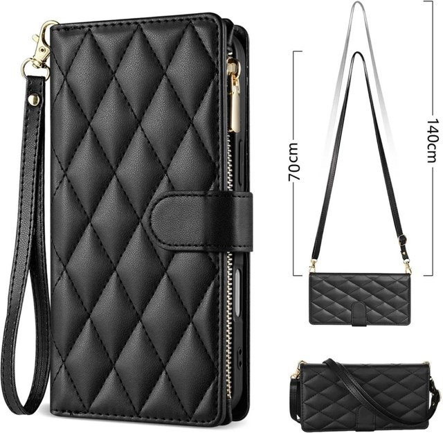 Crossbody Lederhülle für Samsung Galaxy S26 S25 S24 S23 S22 S21 Ultra Plus FE in Schwarz mit Reißverschluss und Kartenetui - Bild 1