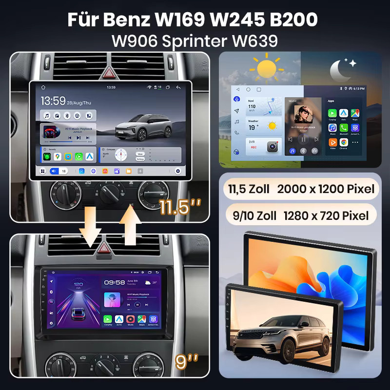 Junsun Android 15 Autoradio mit 9 Zoll IPS-Bildschirm und kabellosem Apple CarPlay für Mercedes Benz W164 W245 B200 W906 Sprinter W639 Vito in Schwarz - Bild 2