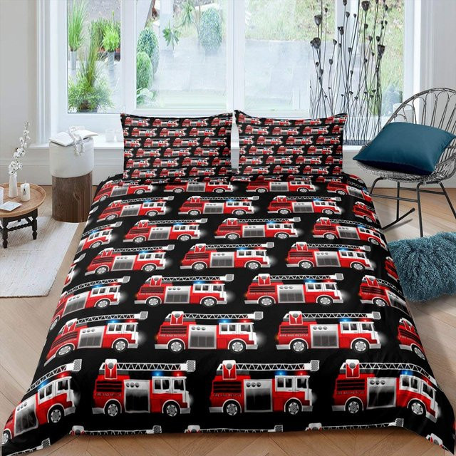 Bettwäsche-Set mit Feuerwehrauto-Muster für Kinder von Binchi Outdoor Product, Farbe Rot, King-Size, Breite: 264 cm, Tiefe: 228 cm - Bild 1
