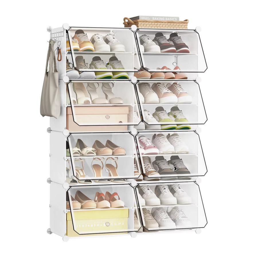 WOLTU Modularer Schuhschrank aus Kunststoff, Faltbarer Schuhwürfel-Aufbewahrungsorganizer mit Türhaken, Transparent/Weiß, B/T/H: 30 x 30 x 90 cm - Bild 2