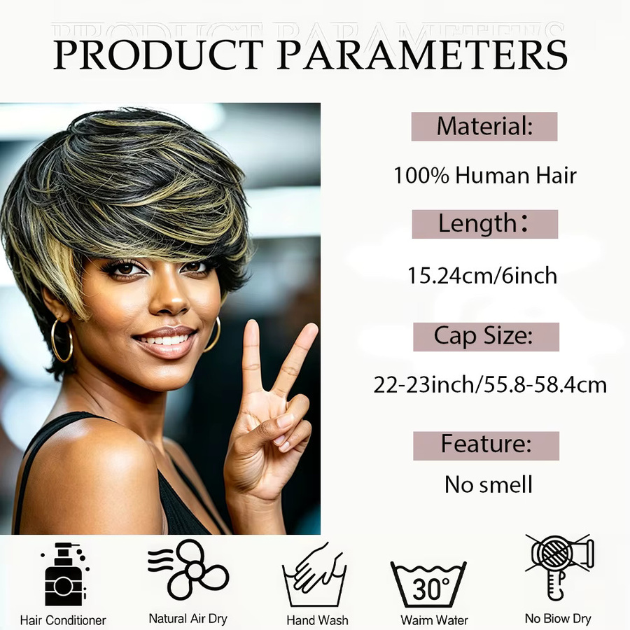 OYM HAIR Perücke, Pixie-Schnitt, schwarz mit blonden Highlights, Damen - Bild 4