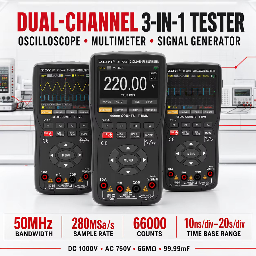 ZOYI Digitales Multimeter Oszilloskop und Signalgenerator, 2-Kanal 50MHz, Hochpräzises Spannungsmessgerät mit automatischer Bereichswahl, Schwarz - Bild 2