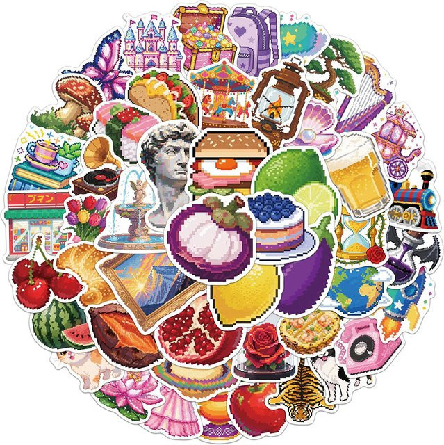 Rspctou Pixel-Art-Stil Tier- und Frucht-Aufkleber, multicolour, 10-teiliges Set - Bild 1