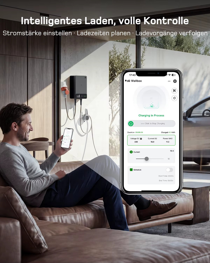 dé Wallbox Typ 2 Ladestation 11kW 16A 3-Phasen mit Tuya Smart App-Steuerung und Wi-Fi, Schwarz - Bild 5