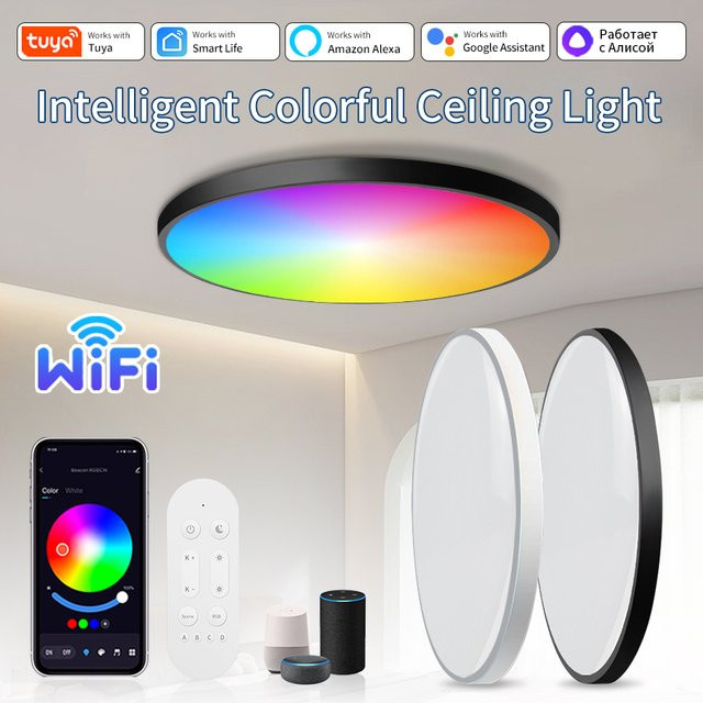 Tuya Smart LED Deckenleuchte RGB mit Wifi und RF Fernbedienung, Unterputz Einbauleuchte kompatibel mit Alexa und Google Assistant, Weiß oder Schwarz - Bild 1