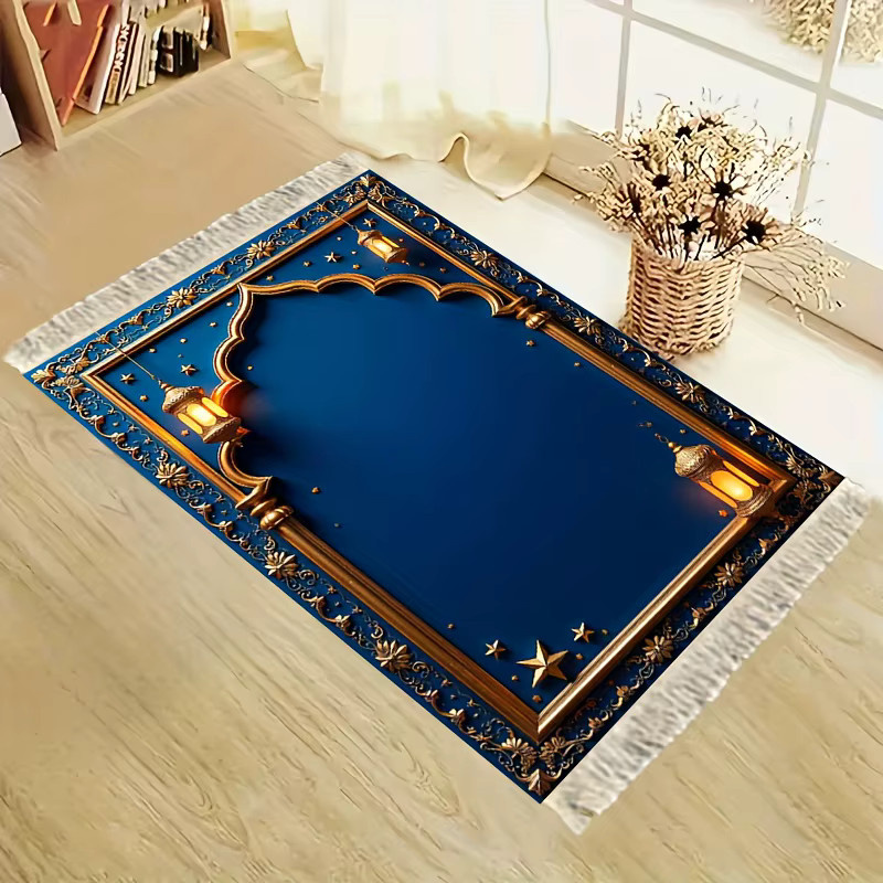 VIKAMA Islamischer Gebetsteppich mit goldener Laternen-Stickerei, rutschfest und weich, blau/gold, orientalisches Design - Bild 2