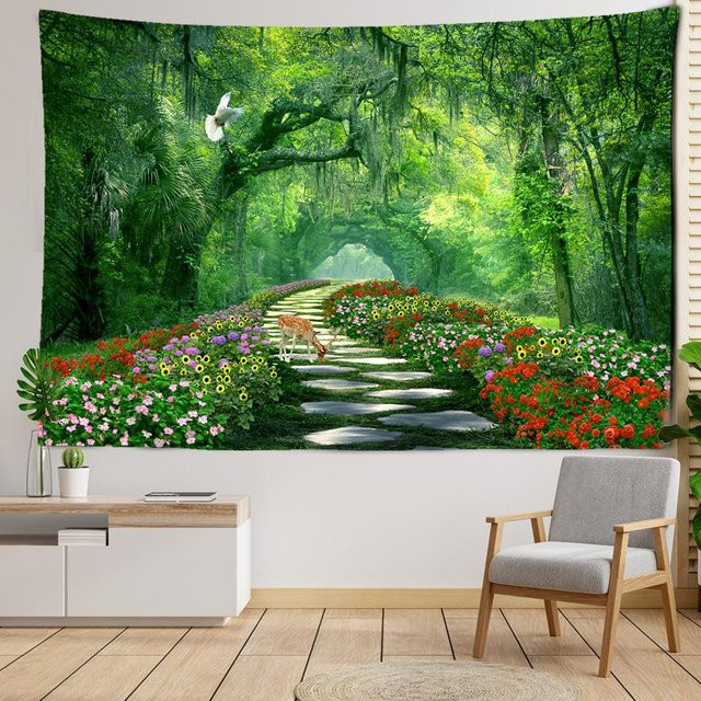 Hirsch und Wildblumen Wandteppich im Boho-Stil mit Naturmotiv, Breite: 200 cm, Höhe: 150 cm - Bild 1