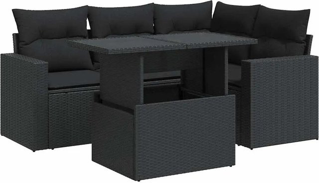 vidaXL 5-tlg. Garten-Sofagarnitur in L-Form aus schwarzem Poly-Rattan mit Kissen und pulverbeschichtetem Stahlgestell - Bild 1