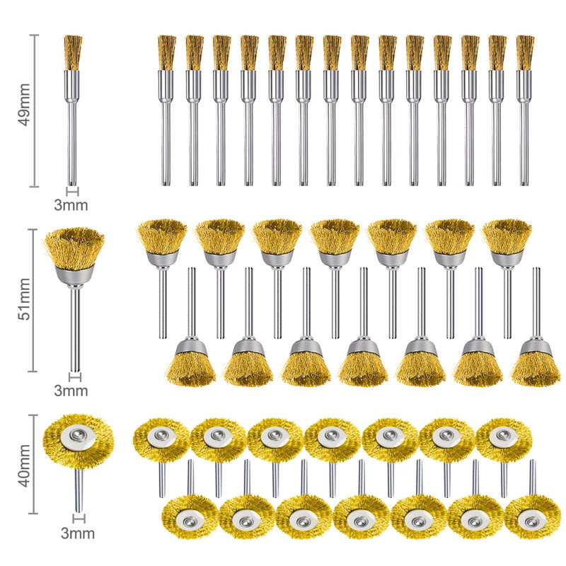 XCAN 45-teiliges Stahlbürsten-Set mit Messingkopf und Mini-Bohrer, 3mm Schaft, Gold, Rostentferner für Dremel-Rotationswerkzeuge - Bild 5