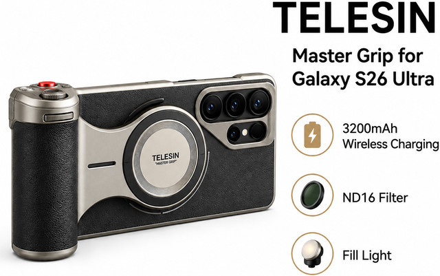 TELESIN Master Grip Case für Samsung Galaxy S26 Ultra Kamera-Griff mit 3200mAh kabelloser Aufladung, ND16 Filter und Aufhellungslicht in Schwarz - Bild 1