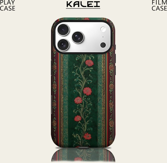 Smaragdgrüne Handyhülle mit Blumenstreifen für Apple iPhone 17 16 15 14 13 Pro Max Plus, robuste magnetische Schutzhülle in zwei Lagen - Bild 1