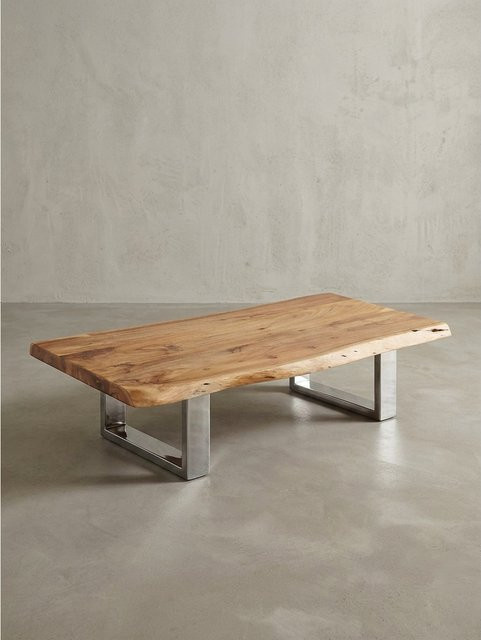 Couchtisch KADIMA DESIGN aus Akazien-Massivholz in Braun mit Metallgestell und Baumkante, B/T/H: 115 x 25 x 58 cm - Bild 1