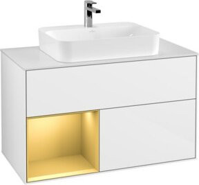 V&B Waschtischunterschrank Finion 100 in Weiß lackiert mit Regalfach links und goldenen Details, B/T/H: 100 x 50,1 x 50,1 cm - Bild 1