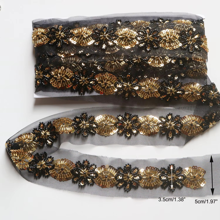 OKNOW Luxuriöse Perlen-Strass-Spitzenborte mit Pailletten für Kleidung und DIY-Projekte in Weiß und Gold, 4,5 Yard - Bild 2