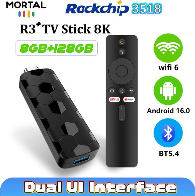 Mortal R3+ Android 16 TV-Stick in Schwarz mit 128 GB Speicher, 8 GB RAM, 4K-Auflösung, WLAN 6 und Sprachfernbedienung - Bild 1