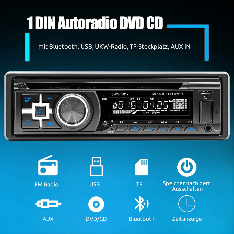 MOPECT Universelles 1DIN Autoradio mit Bluetooth, USB und CD/DVD/AUX-In in Schwarz - Bild 2