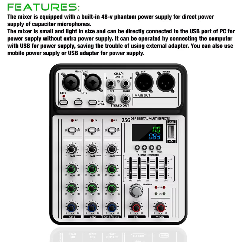 VBNM Professioneller 4-Kanal 256DSP Audio Mixer mit 48V Phantomspeisung, USB und Bluetooth in Weiß - Bild 2