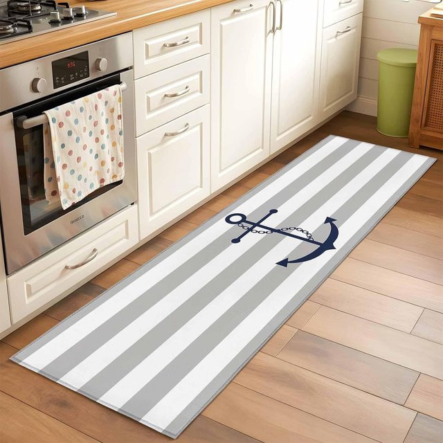 Lodestar Läufer Teppich Maritimes Design Gestreift in Grau, Rutschfest und Pflegeleicht, B: 50 cm, L: 150 cm - Bild 1