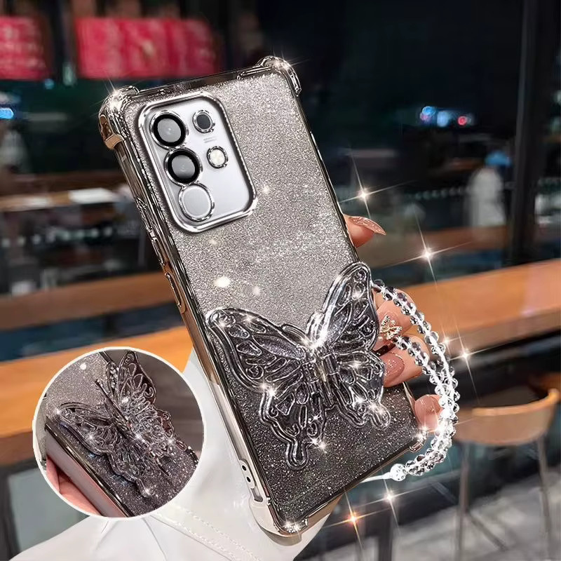 Tobebest 3D-Schmetterlings-Handyhalter mit Perlenarmband und glitzernder Beschichtung für Samsung Galaxy S26 Ultra Plus in Lila und Silber - Bild 1