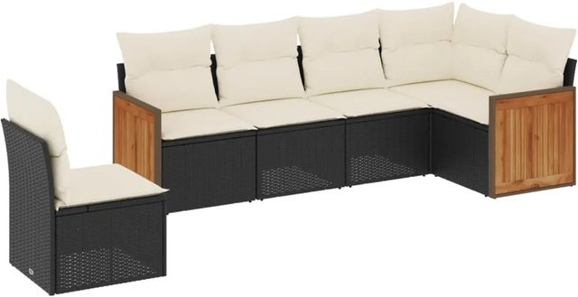 vidaXL 6-teilige Garten-Sofagarnitur in L-Form aus Poly-Rattan mit Kissen in Schwarz-Creme - Bild 1