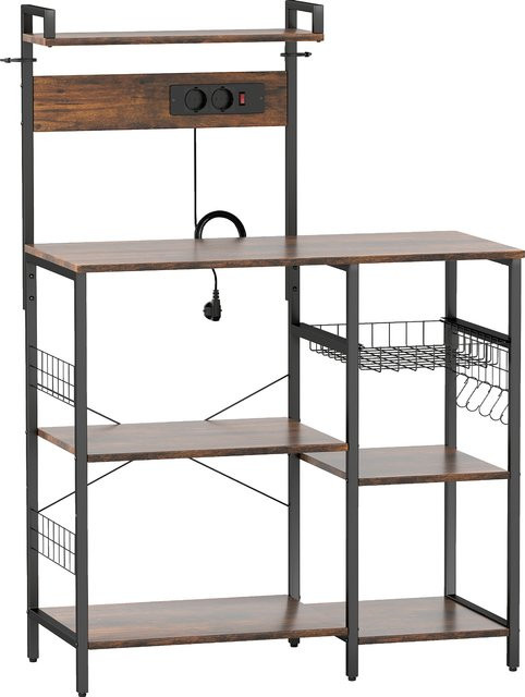 HOMCOM Küchenregal aus Stahl in Rustikal-Braun, Standregal mit 5 Ablagen, 2 Steckdosen, 5 S-Haken und Korb, B/T/H: 90 x 42 x 130 cm - Bild 1