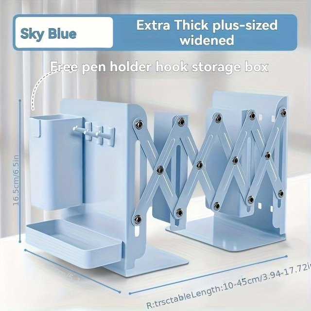 Ausziehbare Buchstützen von YC Direct mit Stifthalterhaken und Aufbewahrungsboxen in Blau, faltbares Desktop-Aufbewahrungsregal aus Metall und Kunststoff - Bild 1