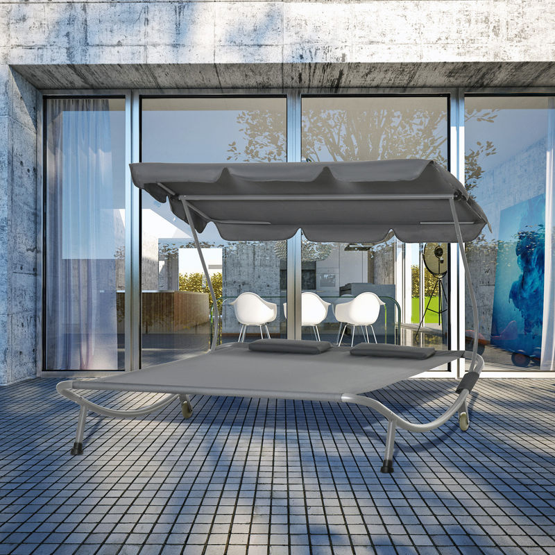Outsunny Doppelliege Grau aus Stahl mit Sonnenverdeck und Textilene-Bezug, B/H/L: 175 x 134 x 200 cm - Bild 2