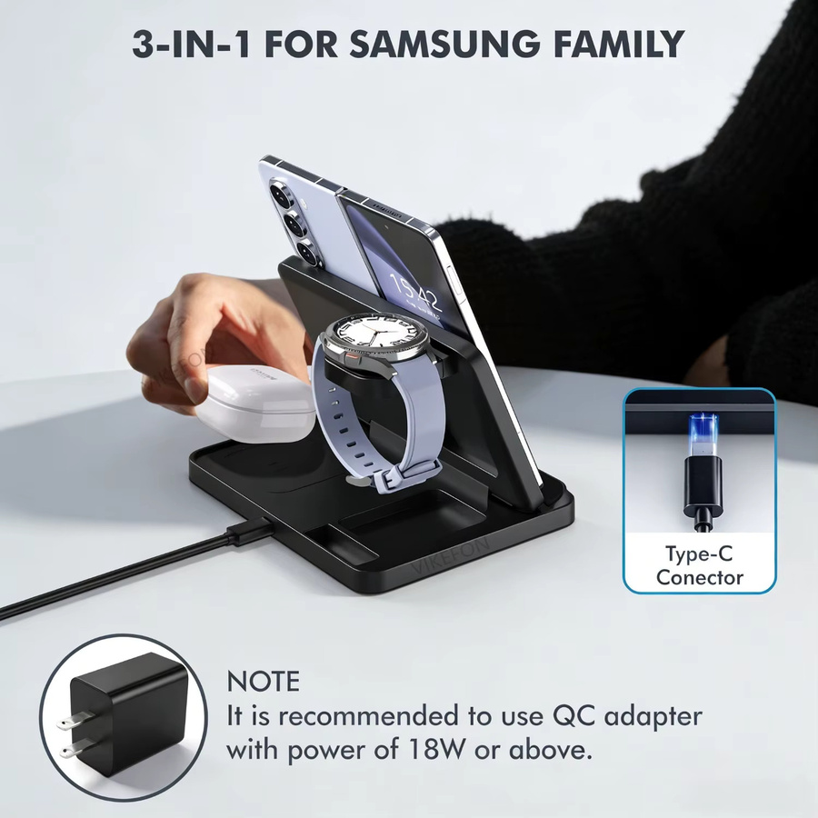 VIKEFON 3-in-1 Faltbarer Kabelloser Ladeständer mit abnehmbarem Uhren-Ladegerät für Samsung Galaxy S26 S25, Galaxy Watch 7 und Buds Pro, Schnelle Ladestation, Schwarz - Bild 4