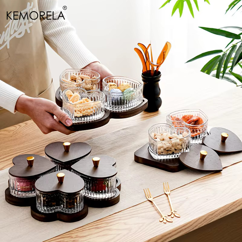 KEMORELA Herzförmige Glasschüssel mit Holzfuß, transparenter Obstteller für Obst, Snacks und Desserts - Bild 4