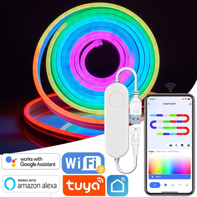 Acosh RGBIC Neon Flex LED Streifen mit Tuya App-Steuerung, USB-Betrieb, 5m Länge, Multicolour, WS2812B Dynamische Beleuchtung für Schlafzimmer und Spielzimmer - Bild 1