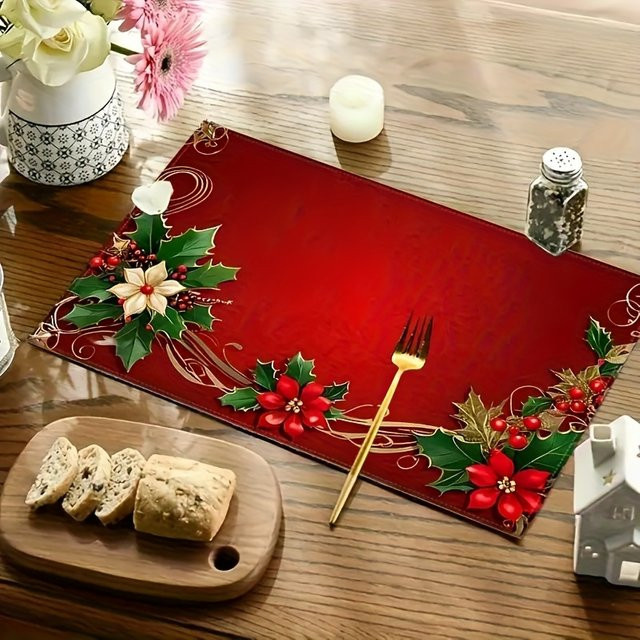 VIKAMA 4er Set Weihnachtliche Tischsets in Rot mit Holly Berry Muster, wasserdicht und hitzebeständig, Rechteckig, B/T: 45 x 30 cm - Bild 1