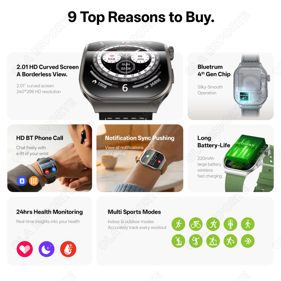 Ola Esporte HW12 Smartwatch mit 2,01 Zoll HD gebogenem Bildschirm, Bluetooth Anruffunktion, Gesundheitsmonitor und Sportfunktionen, Silber, Unisex - Bild 2