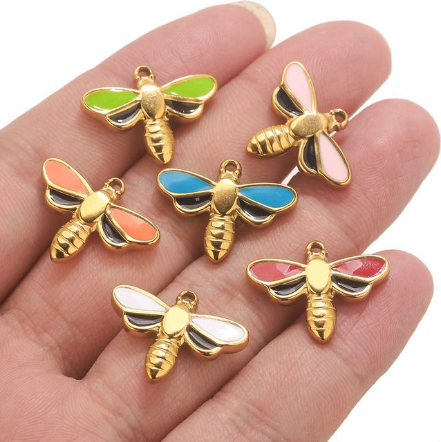 5 Stück Libelle Charms, Edelstahl, Gold, Emaille, Anhänger - Bild 1
