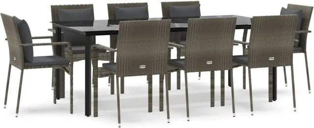 vidaXL 9-teilige Garten-Essgruppe aus Poly-Rattan in Schwarz und Grau mit Kissen und Tisch aus gehärtetem Glas - Bild 1