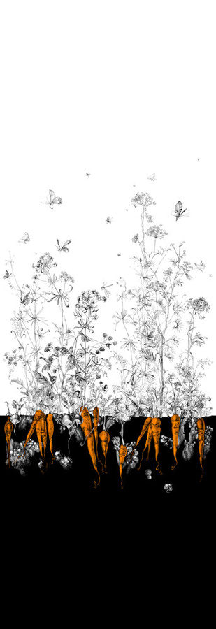 Edmond Petit Vlies Tapete Fenouil droit in Schwarz und Orange mit botanischem Floral-Design - Bild 1