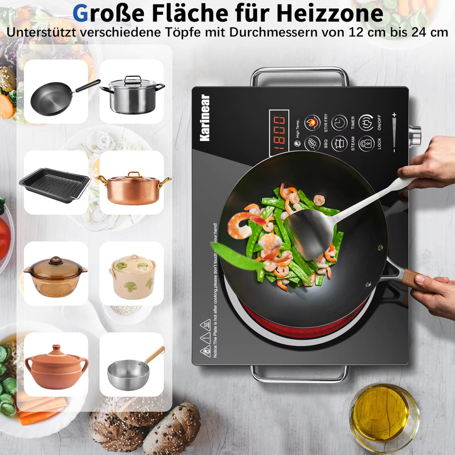 Karinear Tragbares Glaskeramik Kochfeld mit 1 Platte in Schwarz, 2000W, mit Timer und Kindersicherung - Bild 6